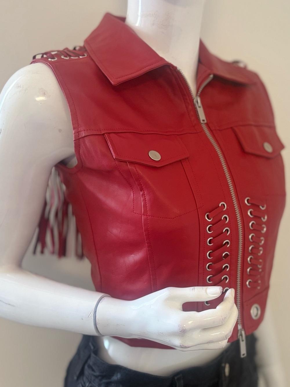 Dolls Kill Current Mood Red Faux Leather Lace-Up Sleeveless Moto Vest w Fringe
